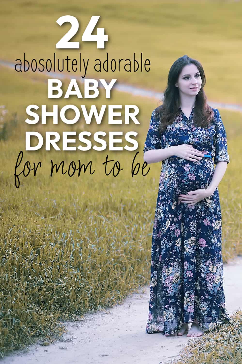 pregnant woman wearing baby shower dress in a field
