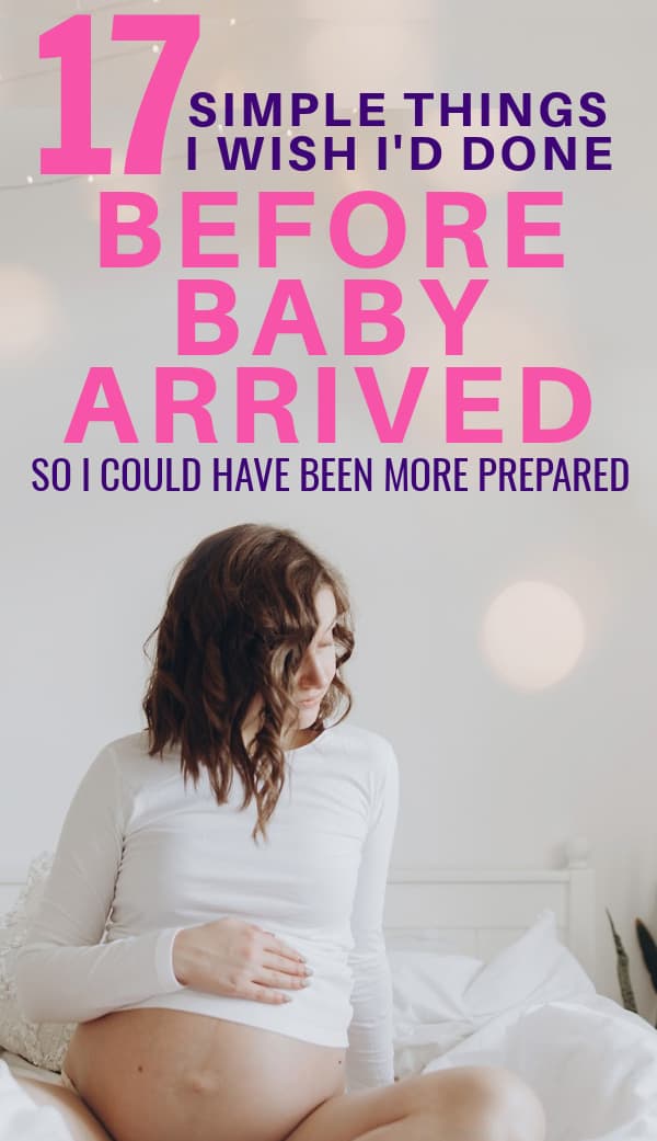 pregnant woman sitting on bed, what to do before baby arrives checklist pin image