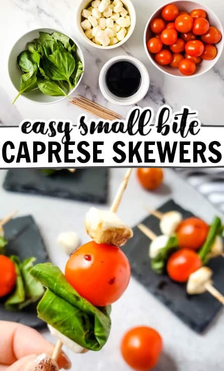 small bite caprese skewers pin image