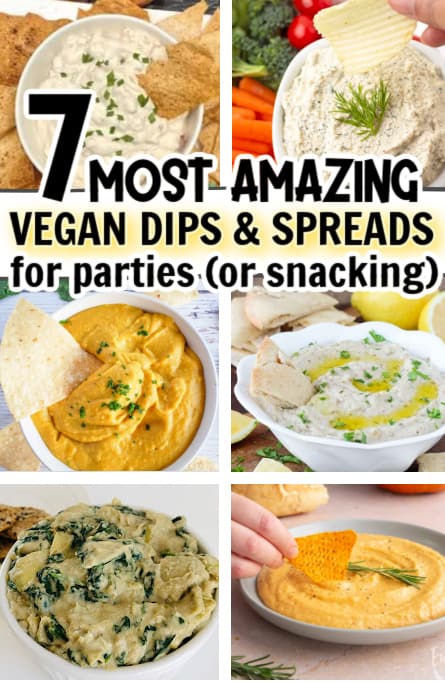 various images of vegan dips and spreads