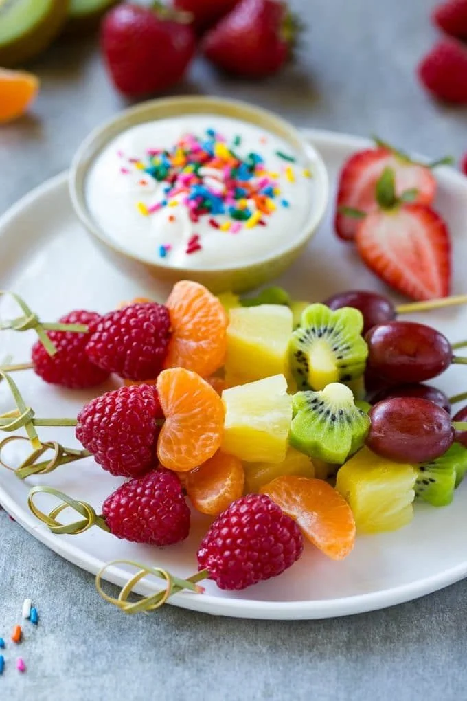 Rainbow Fruit Kabobs for kdis birthday party food idea