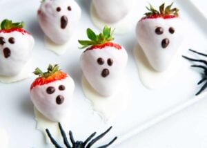 Chocolate Strawberry Ghosts for kids birthday party food ideas