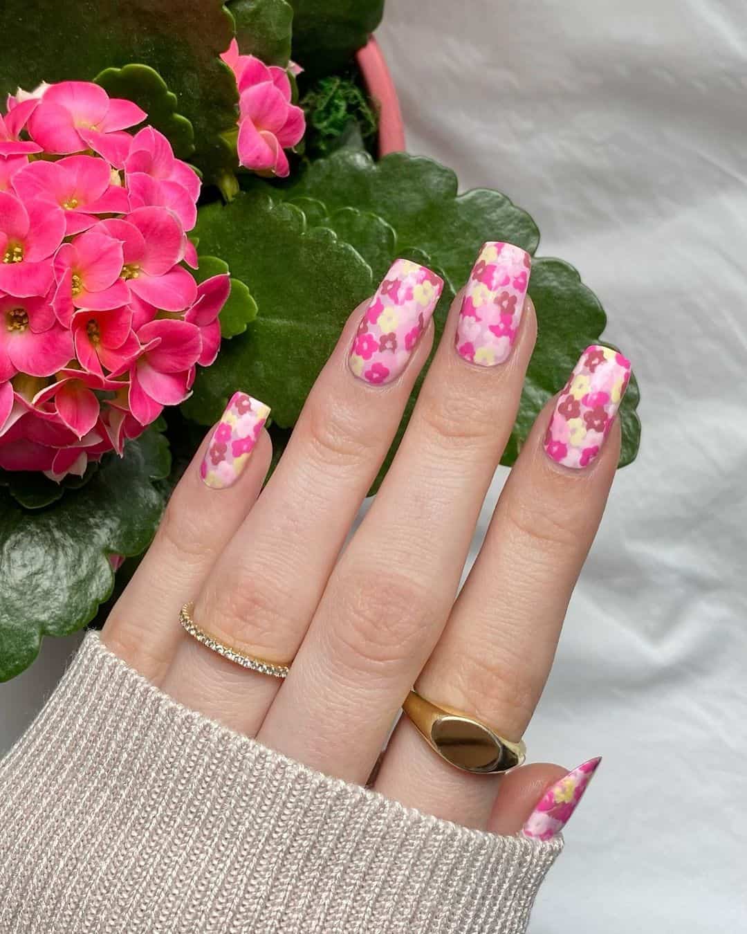 pink flower spring nails