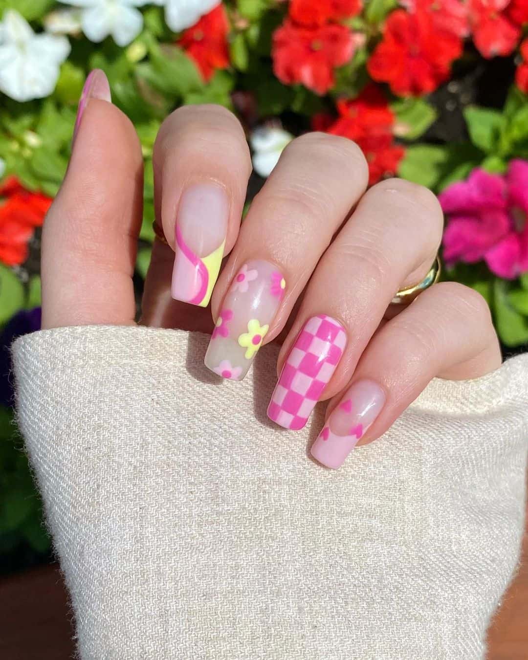 pink and yellow spring nails