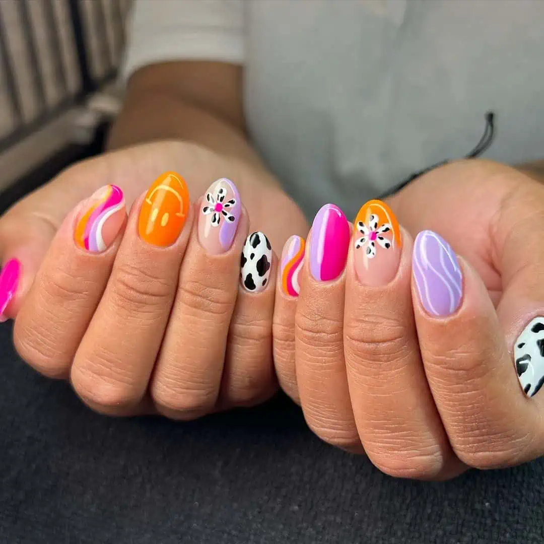 orange and purple cow summer nails dairy