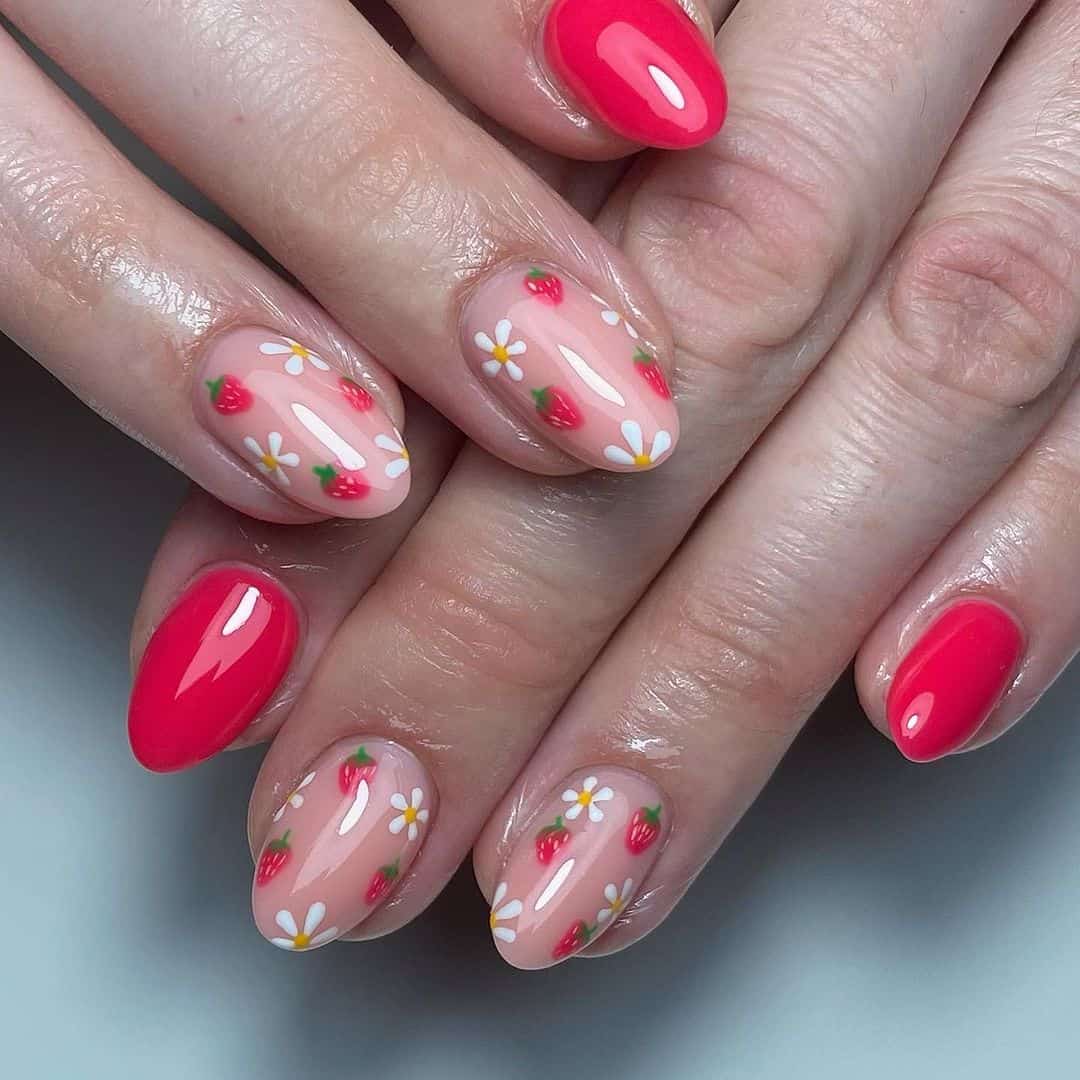strawberries and daisies spring nails