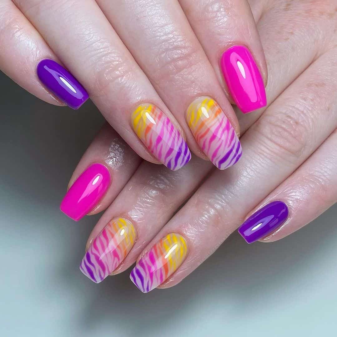 pink purple tiger stripes summer nails