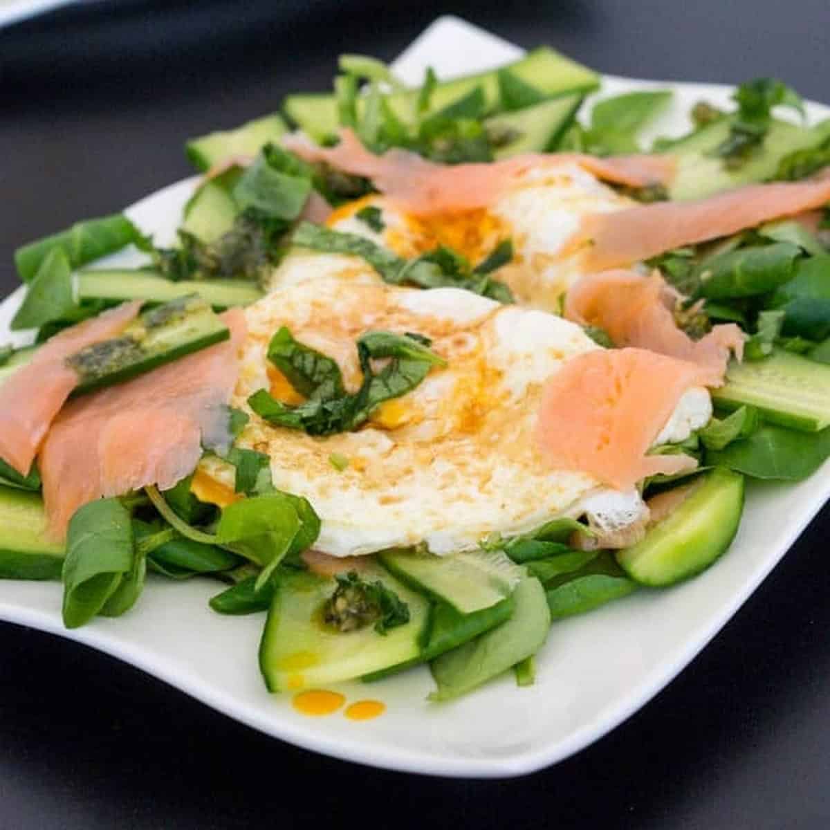 Brunch Salad With Fried Eggs And Smoked Salmon
