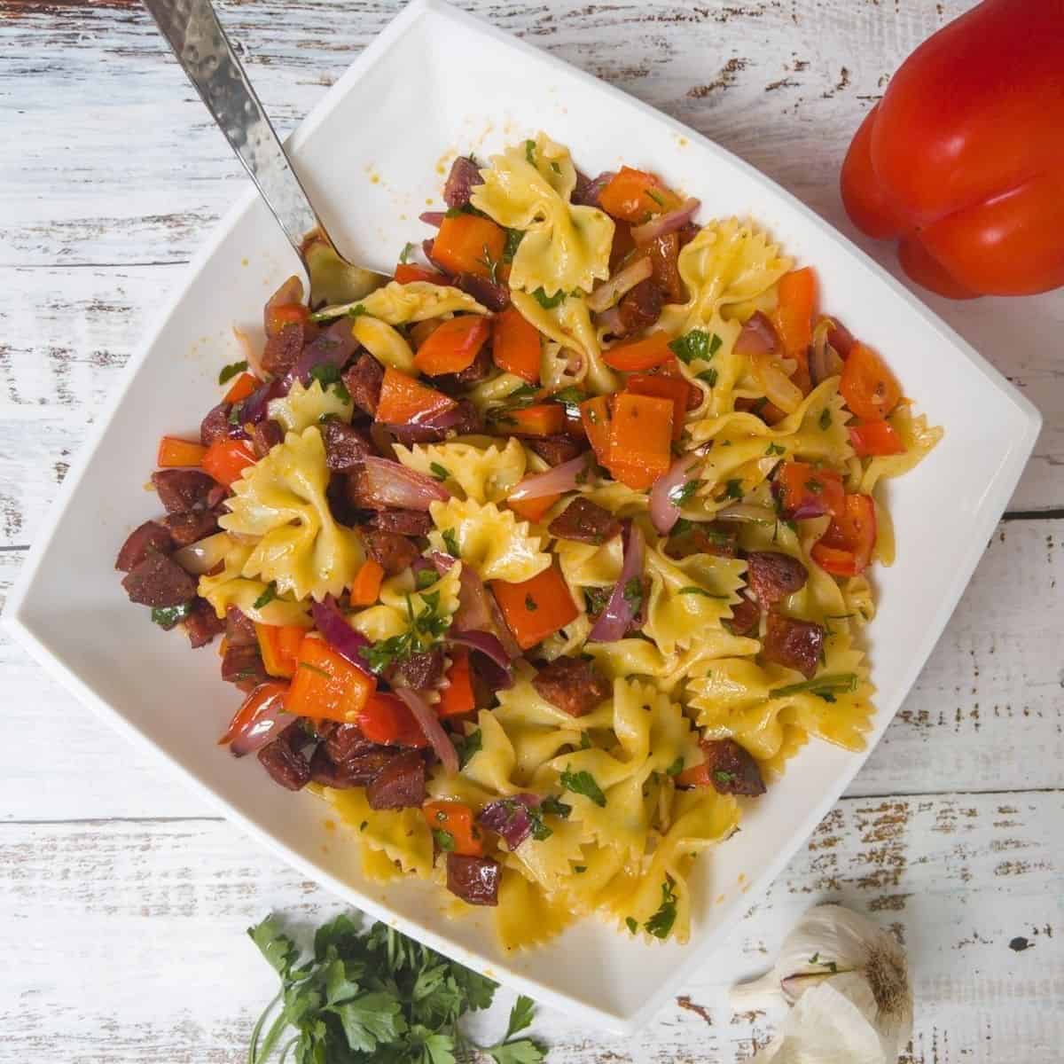 Chorizo Roasted Red Pepper Pasta Salad