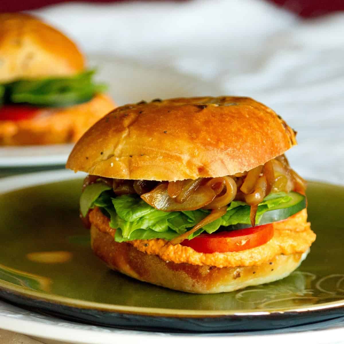 Roasted Red Pepper Hummus Sandwich With Caramelized Onions