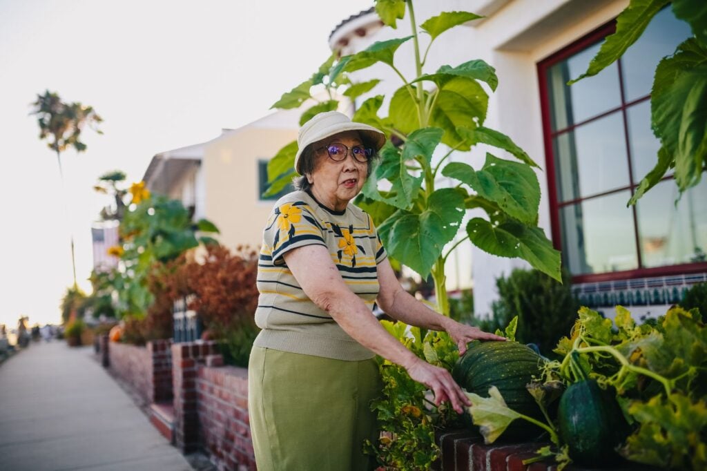 Senior woman tending garden with squash plants outdoors, embracing nature and leisure.